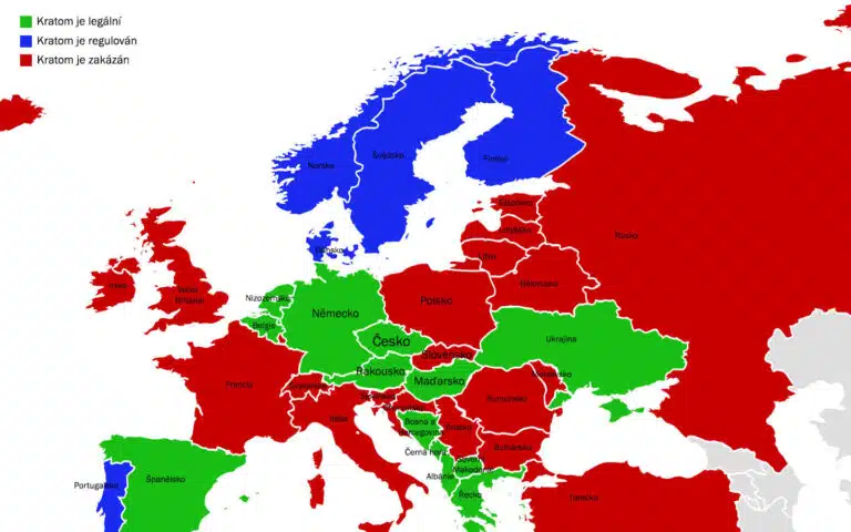 Mapa označená jaký právní status má kratom po Evropě